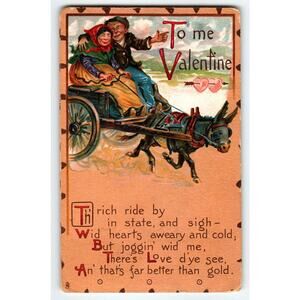 Valentines Day Postcard Tuck Series 4 Couple Riding In Donkey Buggy Cart Vintage